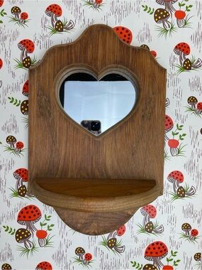 Vintage Wooden Heart Mirror Shelf Rustic Trinket Hanging Shelf